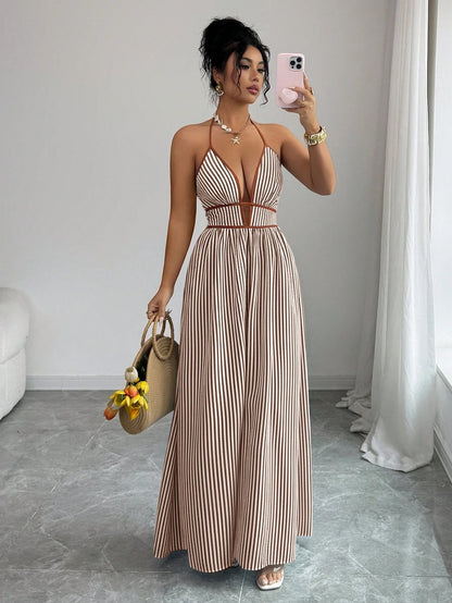 Elenzga Women's Vacation Striped Plunging Neck Sexy Halter Dress