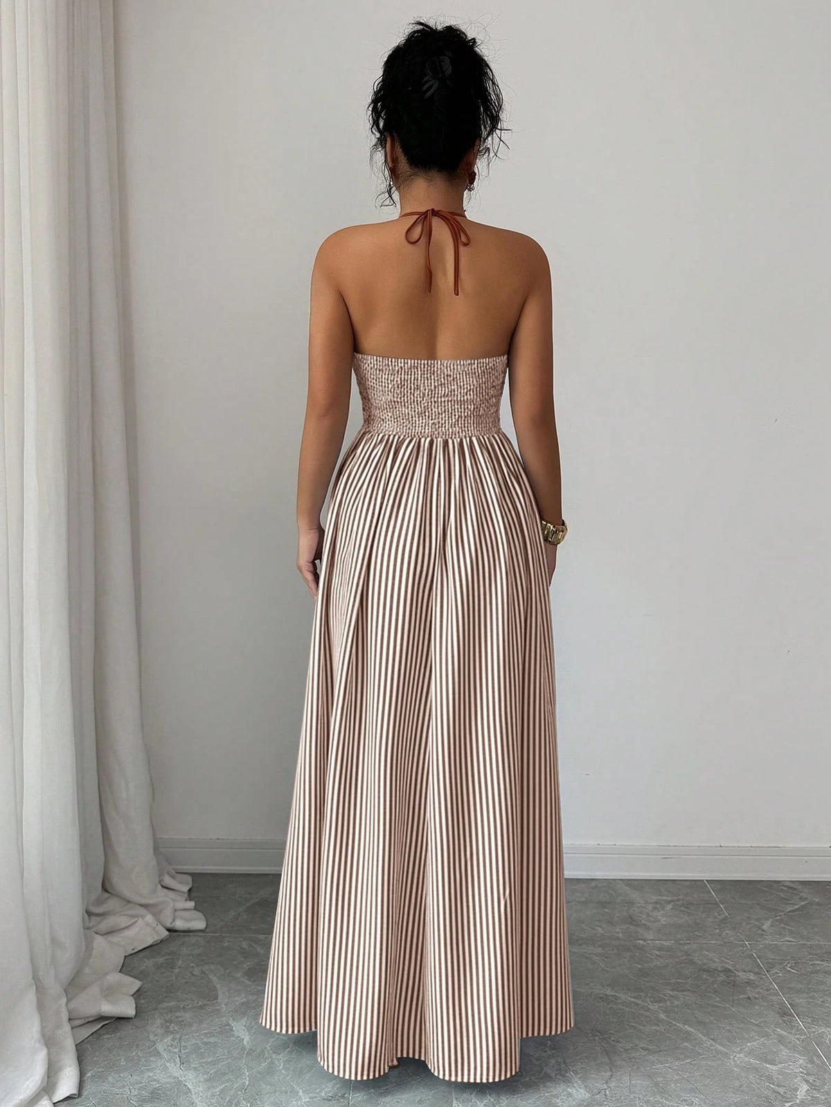Elenzga Women's Vacation Striped Plunging Neck Sexy Halter Dress