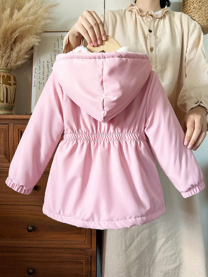 Elladie kids 1pc Young Girl Winter New Pink Floral Thermal Lined Zipper With Elastic Waist And Hood, Thickened Warm Casual Commute Versatile Simple Fashion Cold-Proof Jacket