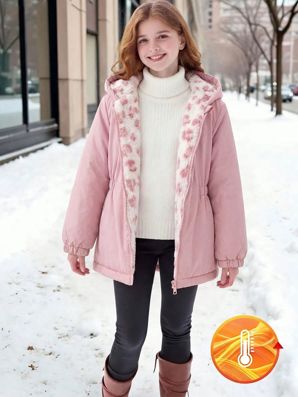 Elladie kids 1pc Young Girl Winter New Pink Floral Thermal Lined Zipper With Elastic Waist And Hood, Thickened Warm Casual Commute Versatile Simple Fashion Cold-Proof Jacket