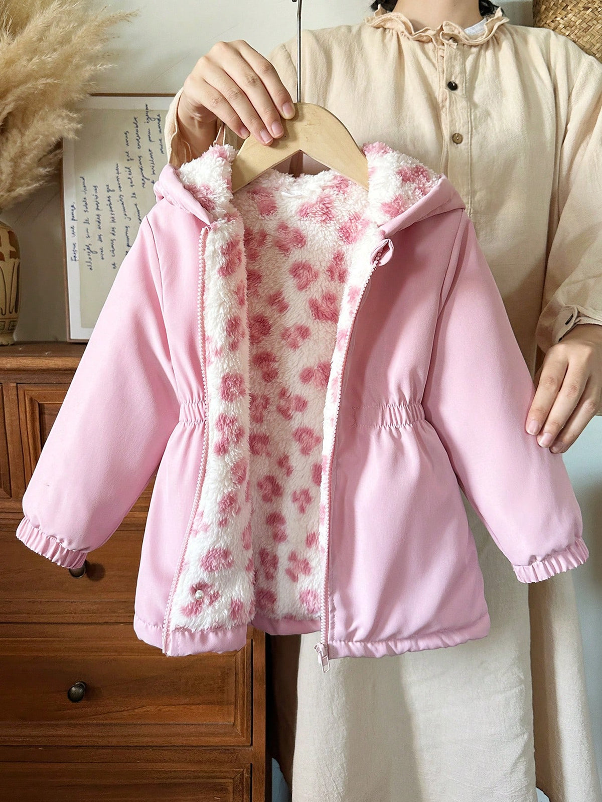 Elladie kids 1pc Young Girl Winter New Pink Floral Thermal Lined Zipper With Elastic Waist And Hood, Thickened Warm Casual Commute Versatile Simple Fashion Cold-Proof Jacket