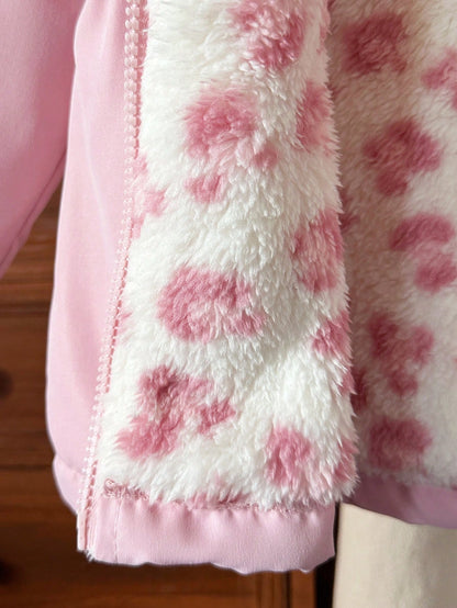 Elladie kids 1pc Young Girl Winter New Pink Floral Thermal Lined Zipper With Elastic Waist And Hood, Thickened Warm Casual Commute Versatile Simple Fashion Cold-Proof Jacket