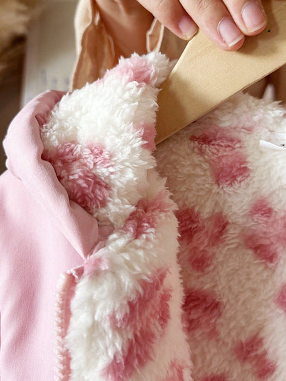 Elladie kids 1pc Young Girl Winter New Pink Floral Thermal Lined Zipper With Elastic Waist And Hood, Thickened Warm Casual Commute Versatile Simple Fashion Cold-Proof Jacket