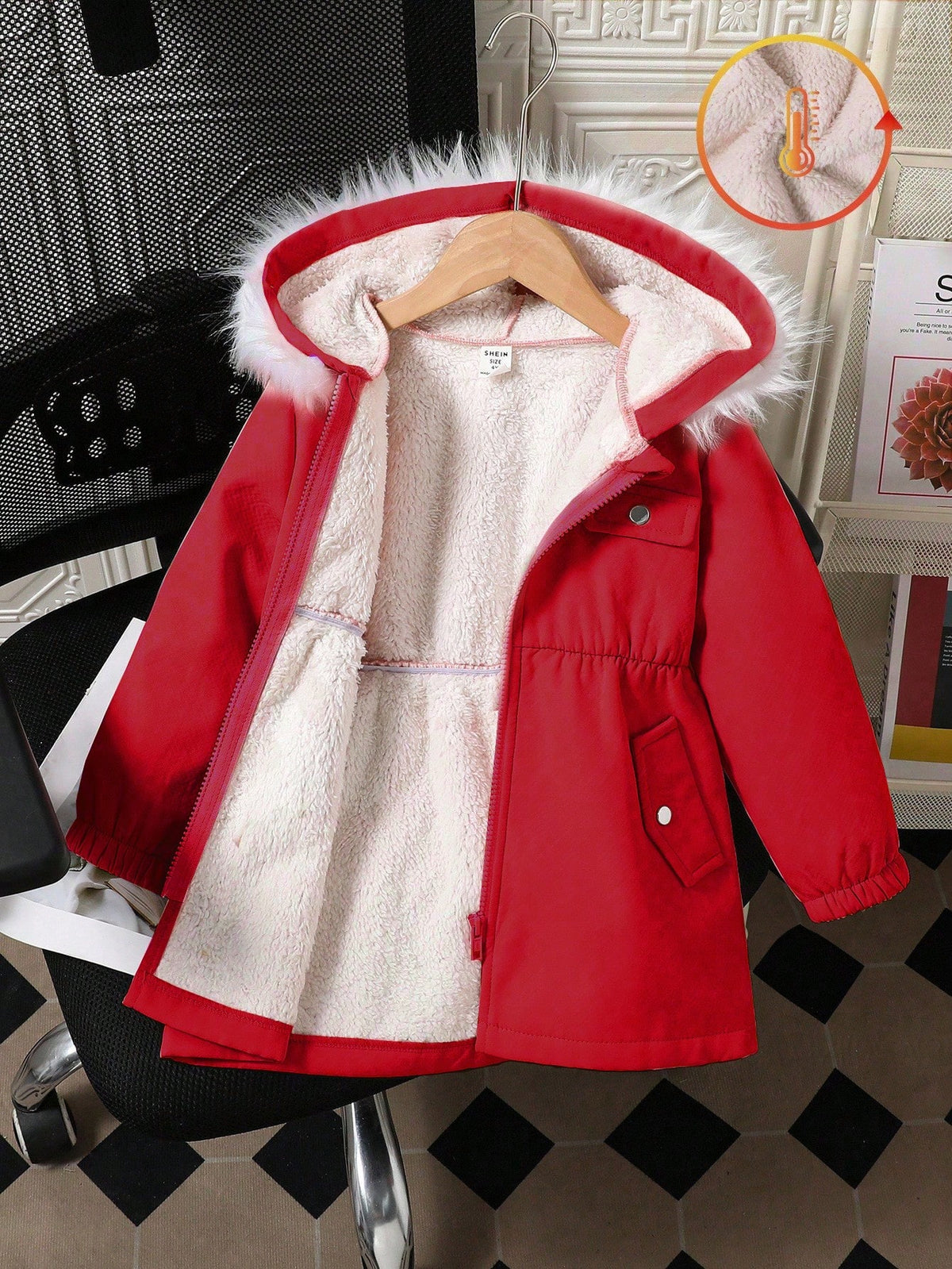 Elladie kids 1pc Young Girl Winter New Pink Floral Thermal Lined Zipper With Elastic Waist And Hood, Thickened Warm Casual Commute Versatile Simple Fashion Cold-Proof Jacket