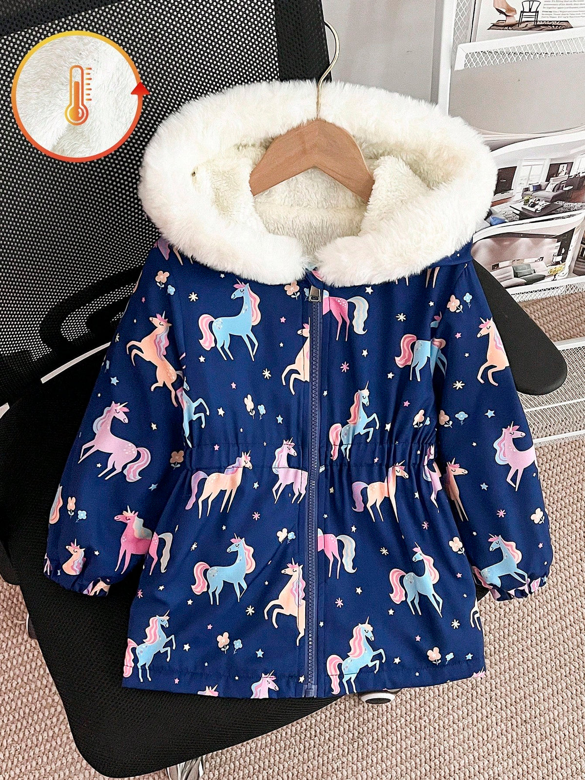 Elladie kids Girls Thick Fleece Hooded Puffer Jacket With Faux Fur Collar,Cartoon Print Slim Fit Zipper Coat,Suitable For Autumn/Winter Clothes For Kids Ages 4-7