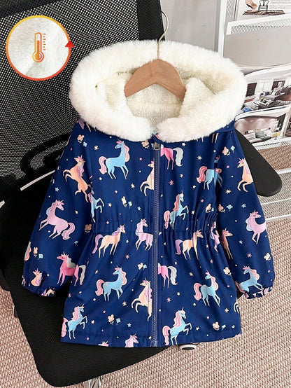 Elladie kids Girls Thick Fleece Hooded Puffer Jacket With Faux Fur Collar,Cartoon Print Slim Fit Zipper Coat,Suitable For Autumn/Winter Clothes For Kids Ages 4-7