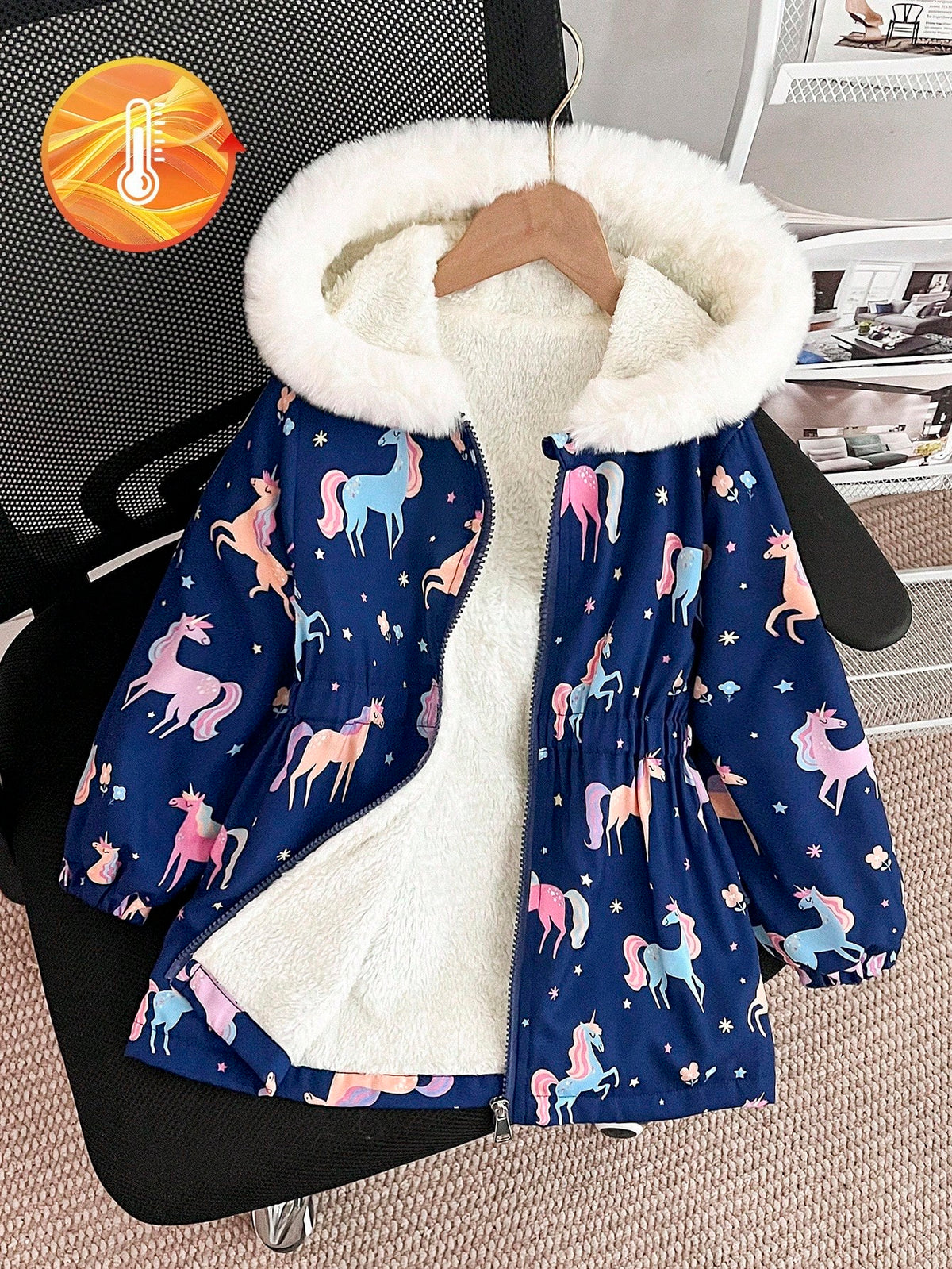Elladie kids Girls Thick Fleece Hooded Puffer Jacket With Faux Fur Collar,Cartoon Print Slim Fit Zipper Coat,Suitable For Autumn/Winter Clothes For Kids Ages 4-7