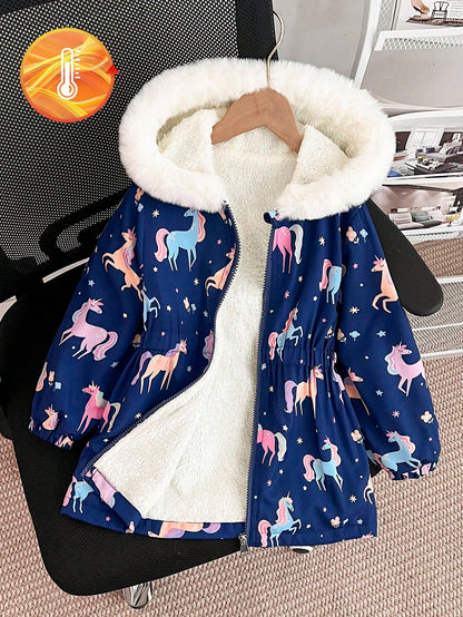 Elladie kids Girls Thick Fleece Hooded Puffer Jacket With Faux Fur Collar,Cartoon Print Slim Fit Zipper Coat,Suitable For Autumn/Winter Clothes For Kids Ages 4-7