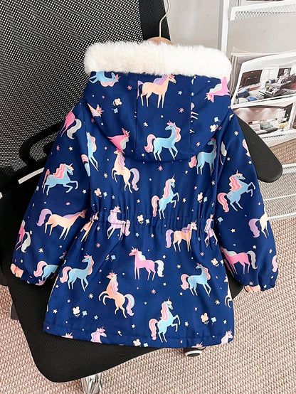 Elladie kids Girls Thick Fleece Hooded Puffer Jacket With Faux Fur Collar,Cartoon Print Slim Fit Zipper Coat,Suitable For Autumn/Winter Clothes For Kids Ages 4-7