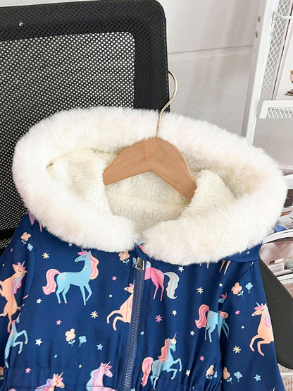 Elladie kids Girls Thick Fleece Hooded Puffer Jacket With Faux Fur Collar,Cartoon Print Slim Fit Zipper Coat,Suitable For Autumn/Winter Clothes For Kids Ages 4-7