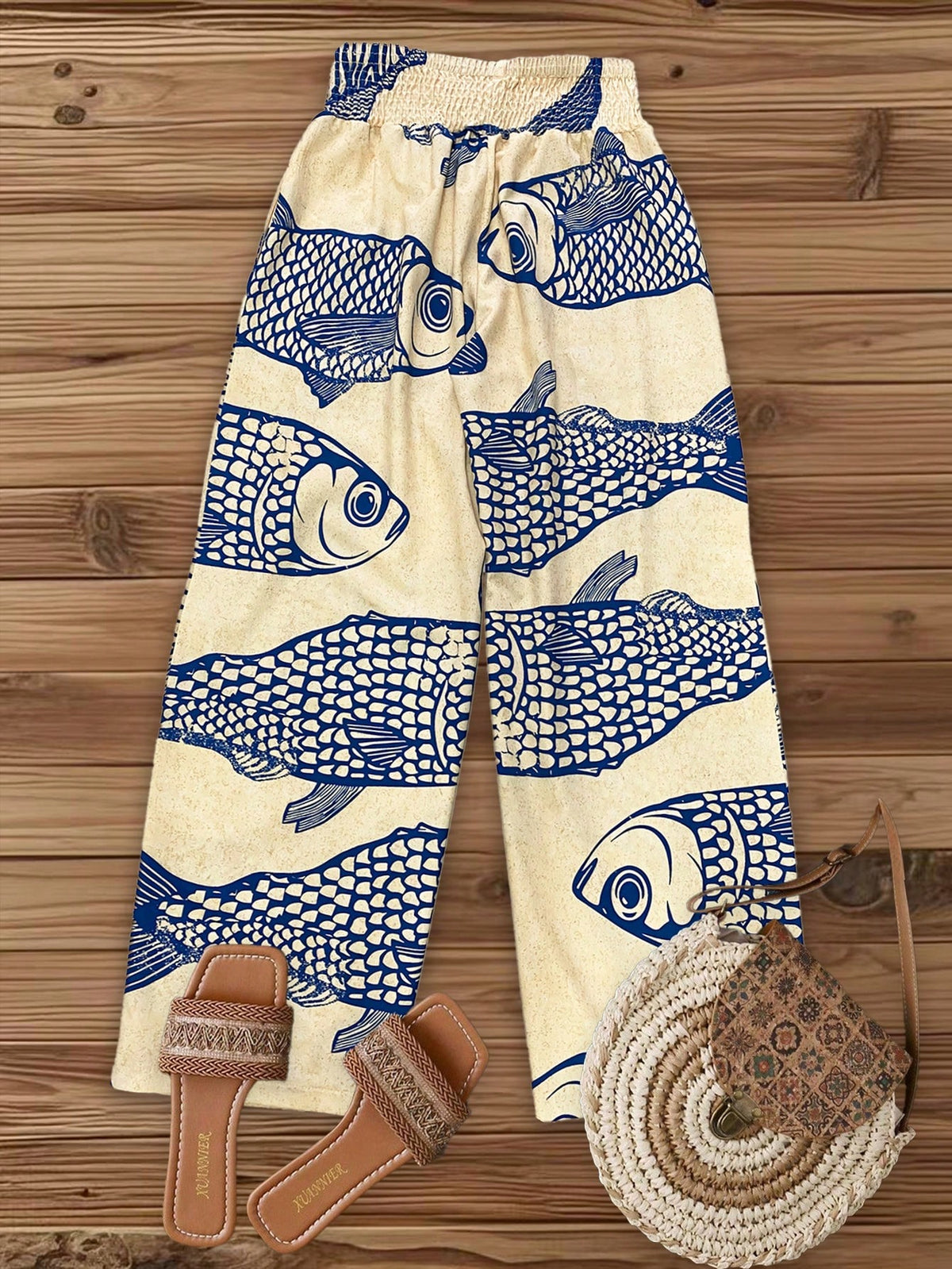 Elouméa Women's Casual Vacation Light Beige Base Large Fish Retro Print Waistband Design Wide Leg Pants, Spring/Summer Fall Cloth For Women
