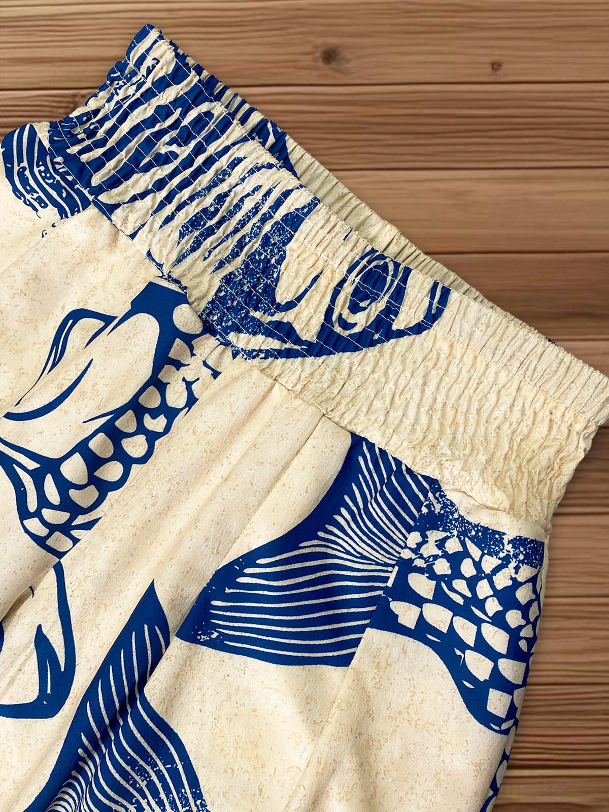 Elouméa Women's Casual Vacation Light Beige Base Large Fish Retro Print Waistband Design Wide Leg Pants, Spring/Summer Fall Cloth For Women