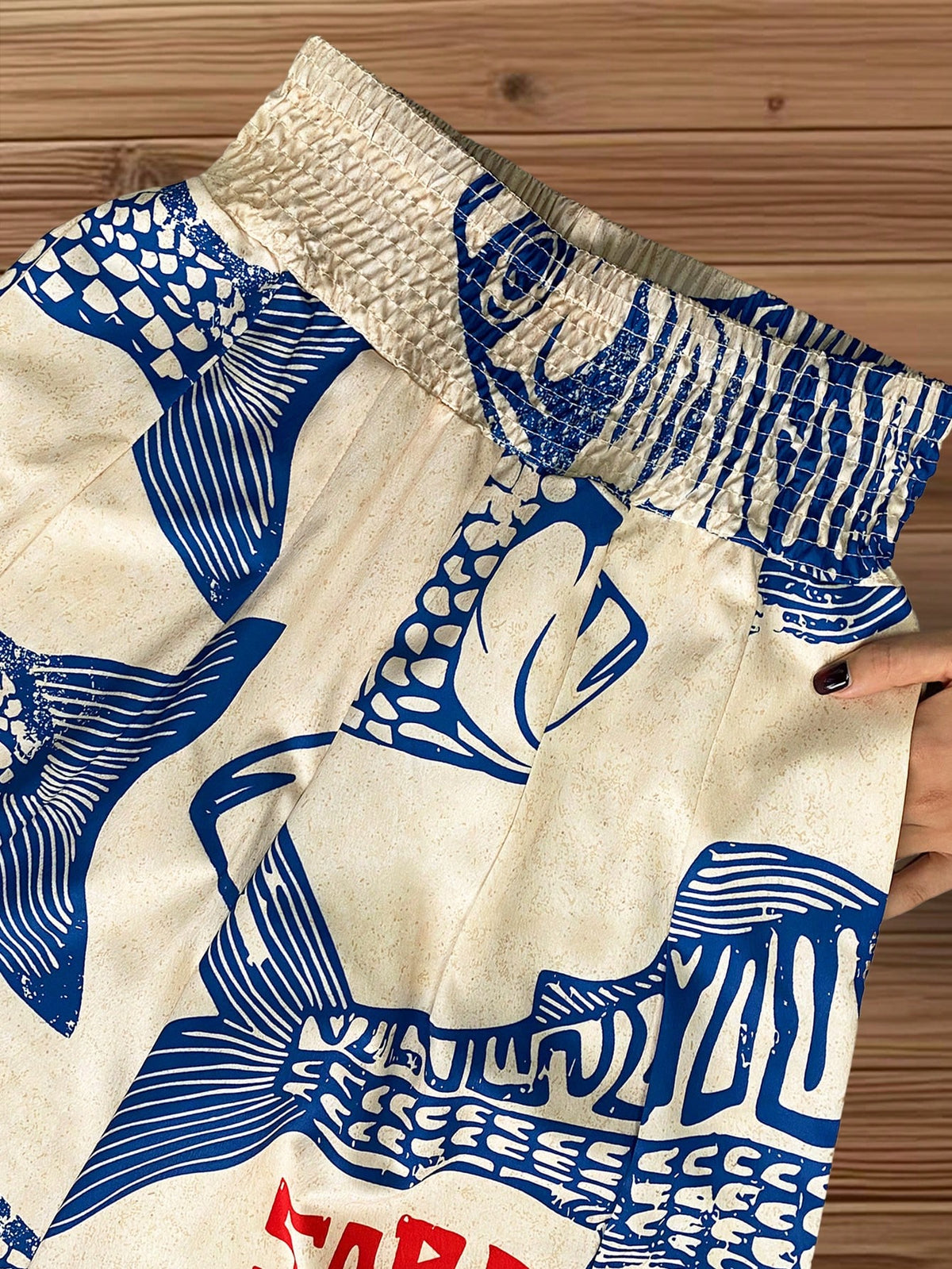 Elouméa Women's Casual Vacation Light Beige Base Large Fish Retro Print Waistband Design Wide Leg Pants, Spring/Summer Fall Cloth For Women