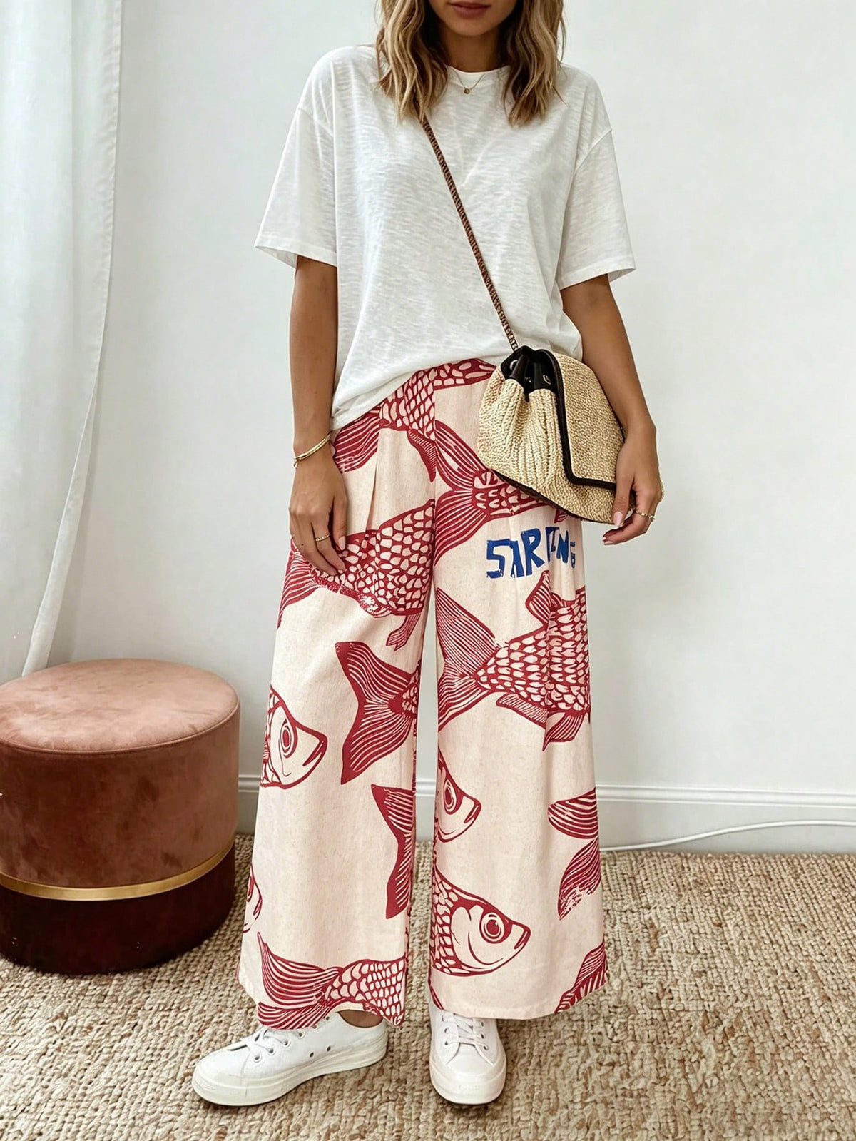 Elouméa Women's Casual Vacation Light Beige Base Large Fish Retro Print Waistband Design Wide Leg Pants, Spring/Summer Fall Cloth For Women