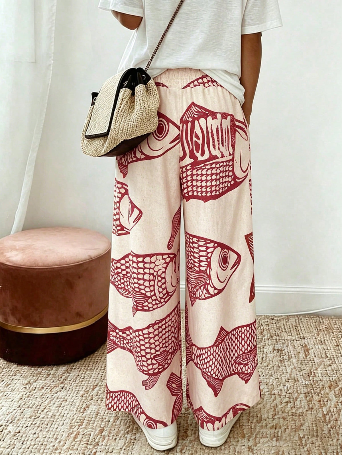 Elouméa Women's Casual Vacation Light Beige Base Large Fish Retro Print Waistband Design Wide Leg Pants, Spring/Summer Fall Cloth For Women