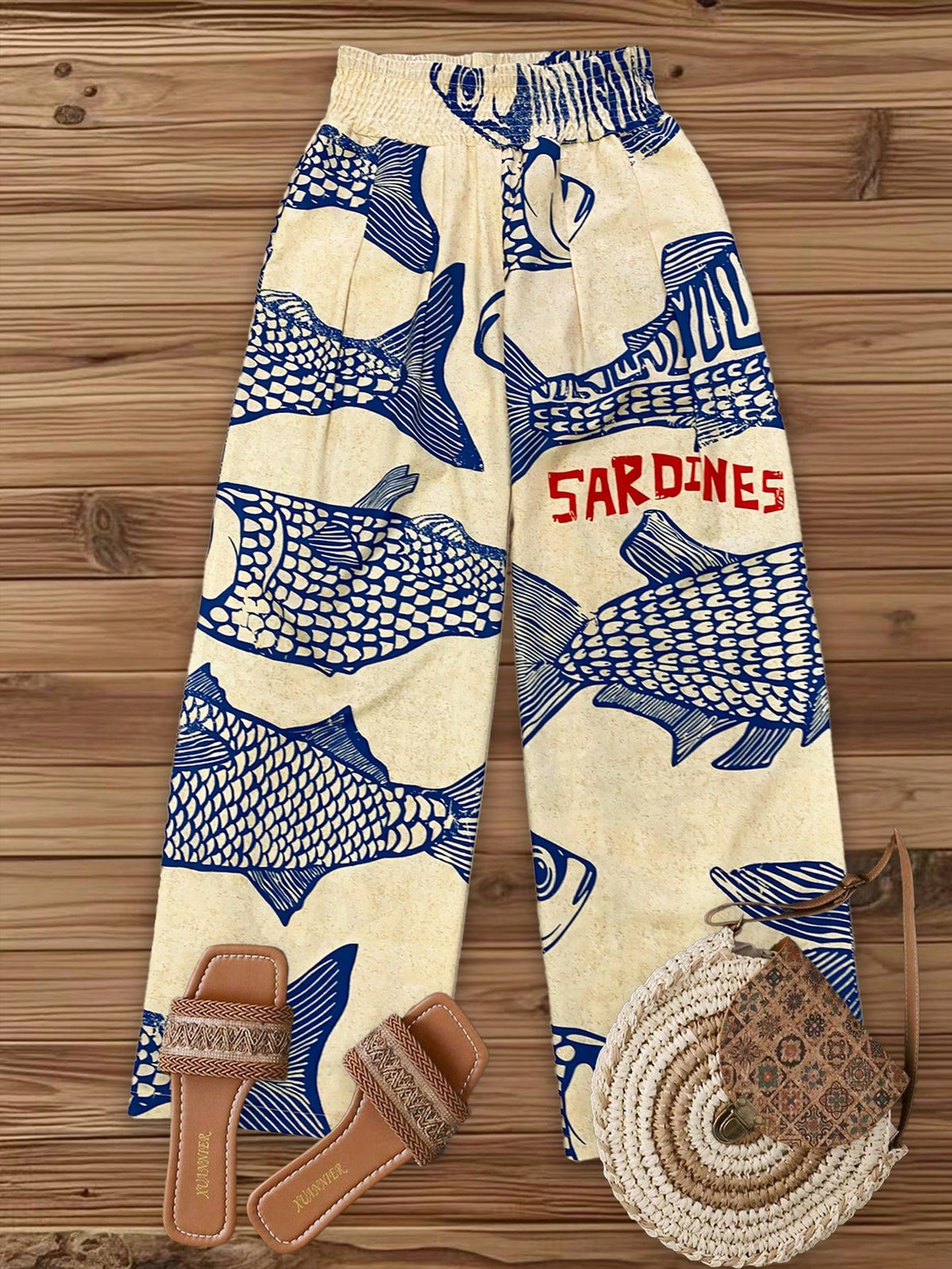 Elouméa Women's Casual Vacation Light Beige Base Large Fish Retro Print Waistband Design Wide Leg Pants, Spring/Summer Fall Cloth For Women