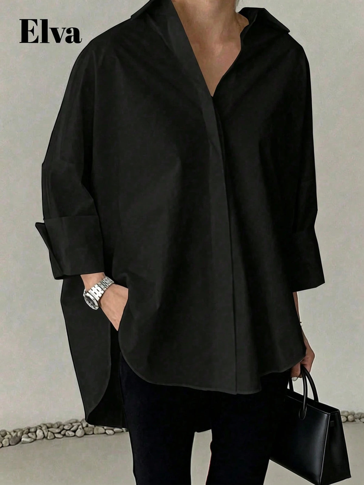 ELVA Black Blouse, Polka Dot Retro Luxurious Style, Long Sleeve Loose Fit, Suitable For Women's Office Wear, Including Work Tops, Autumn Womenswear, Back To School Season Outfits, Back To School Party
