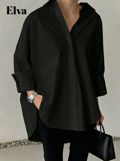 ELVA Black Blouse, Polka Dot Retro Luxurious Style, Long Sleeve Loose Fit, Suitable For Women's Office Wear, Including Work Tops, Autumn Womenswear, Back To School Season Outfits, Back To School Party