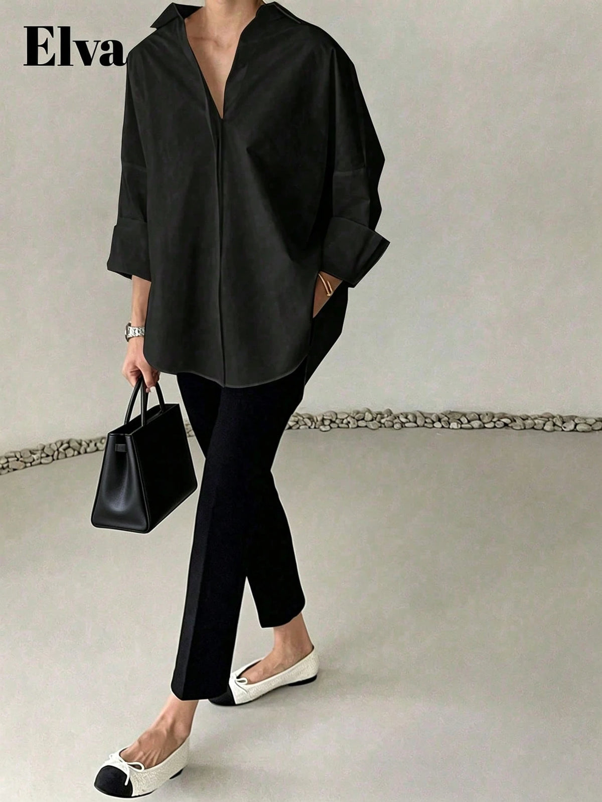 ELVA Black Blouse, Polka Dot Retro Luxurious Style, Long Sleeve Loose Fit, Suitable For Women's Office Wear, Including Work Tops, Autumn Womenswear, Back To School Season Outfits, Back To School Party
