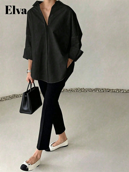 ELVA Black Blouse, Polka Dot Retro Luxurious Style, Long Sleeve Loose Fit, Suitable For Women's Office Wear, Including Work Tops, Autumn Womenswear, Back To School Season Outfits, Back To School Party