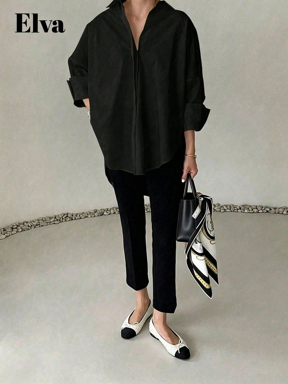 ELVA Black Blouse, Polka Dot Retro Luxurious Style, Long Sleeve Loose Fit, Suitable For Women's Office Wear, Including Work Tops, Autumn Womenswear, Back To School Season Outfits, Back To School Party