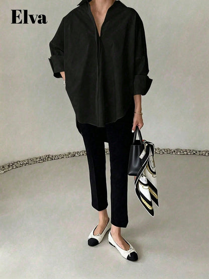 ELVA Black Blouse, Polka Dot Retro Luxurious Style, Long Sleeve Loose Fit, Suitable For Women's Office Wear, Including Work Tops, Autumn Womenswear, Back To School Season Outfits, Back To School Party