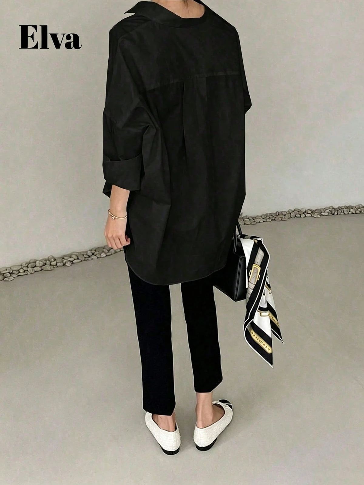 ELVA Black Blouse, Polka Dot Retro Luxurious Style, Long Sleeve Loose Fit, Suitable For Women's Office Wear, Including Work Tops, Autumn Womenswear, Back To School Season Outfits, Back To School Party