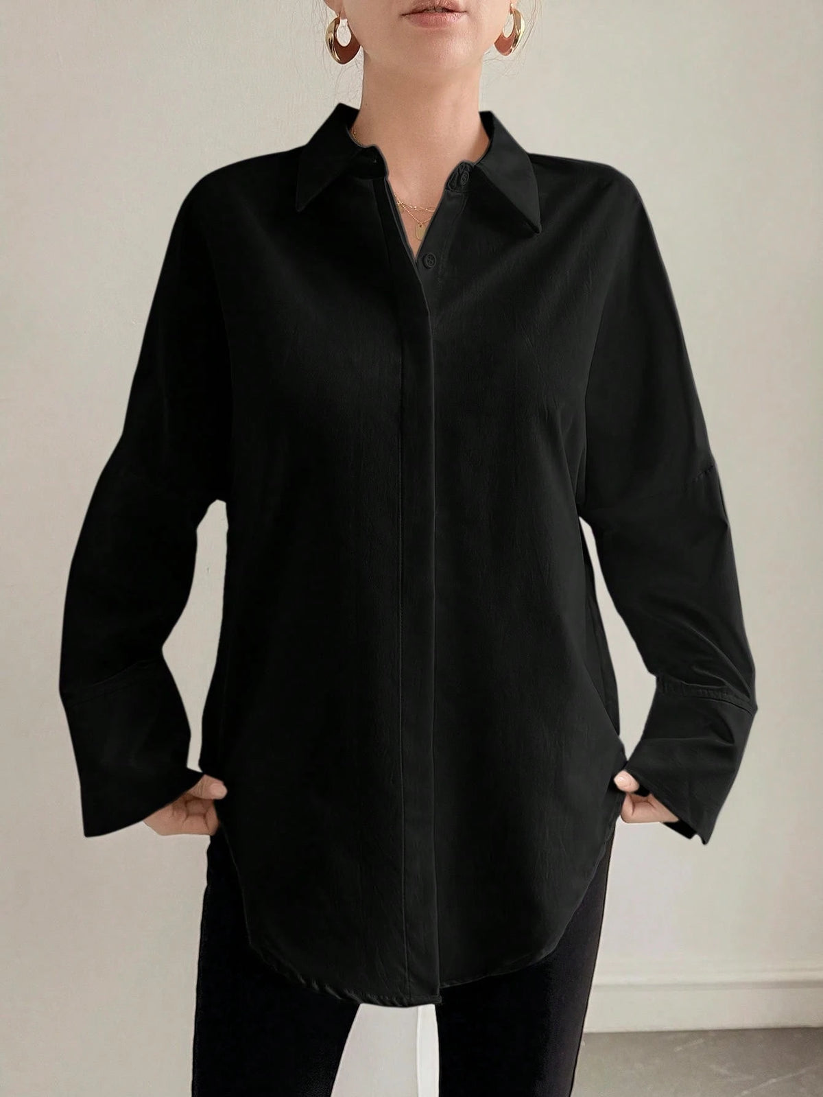 ELVA Black Blouse, Polka Dot Retro Luxurious Style, Long Sleeve Loose Fit, Suitable For Women's Office Wear, Including Work Tops, Autumn Womenswear, Back To School Season Outfits, Back To School Party