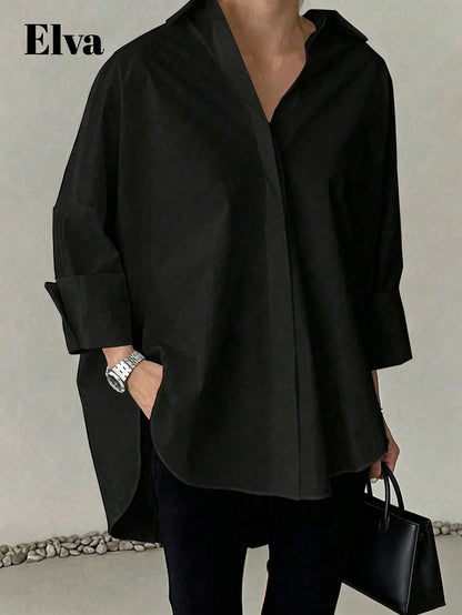 ELVA Black Blouse, Polka Dot Retro Luxurious Style, Long Sleeve Loose Fit, Suitable For Women's Office Wear, Including Work Tops, Autumn Womenswear, Back To School Season Outfits, Back To School Party