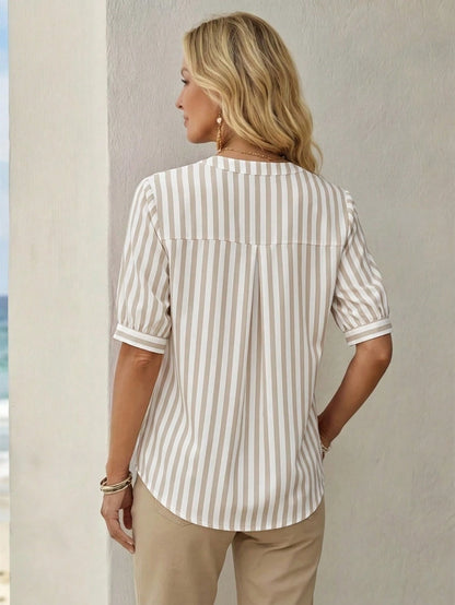 EMERY ROSE Blue And White Stripe,Summer,Casual,Office Women's Retro Elegant Khaki Distressed Striped Blouse,Loose Fit Commuting Beach Vacation Summer Top