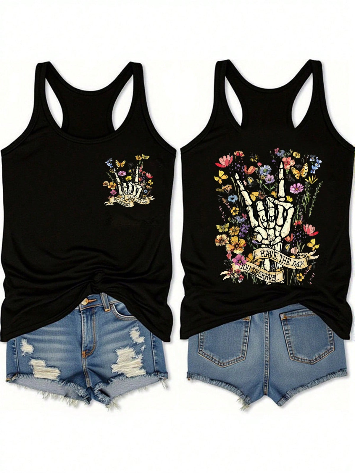 EMERY ROSE Music Festival Floral & Skull Print Casual Minimalist Camisole Tank Top, Plus Size, Suitable For Summer Back To School,Vacation/Spring