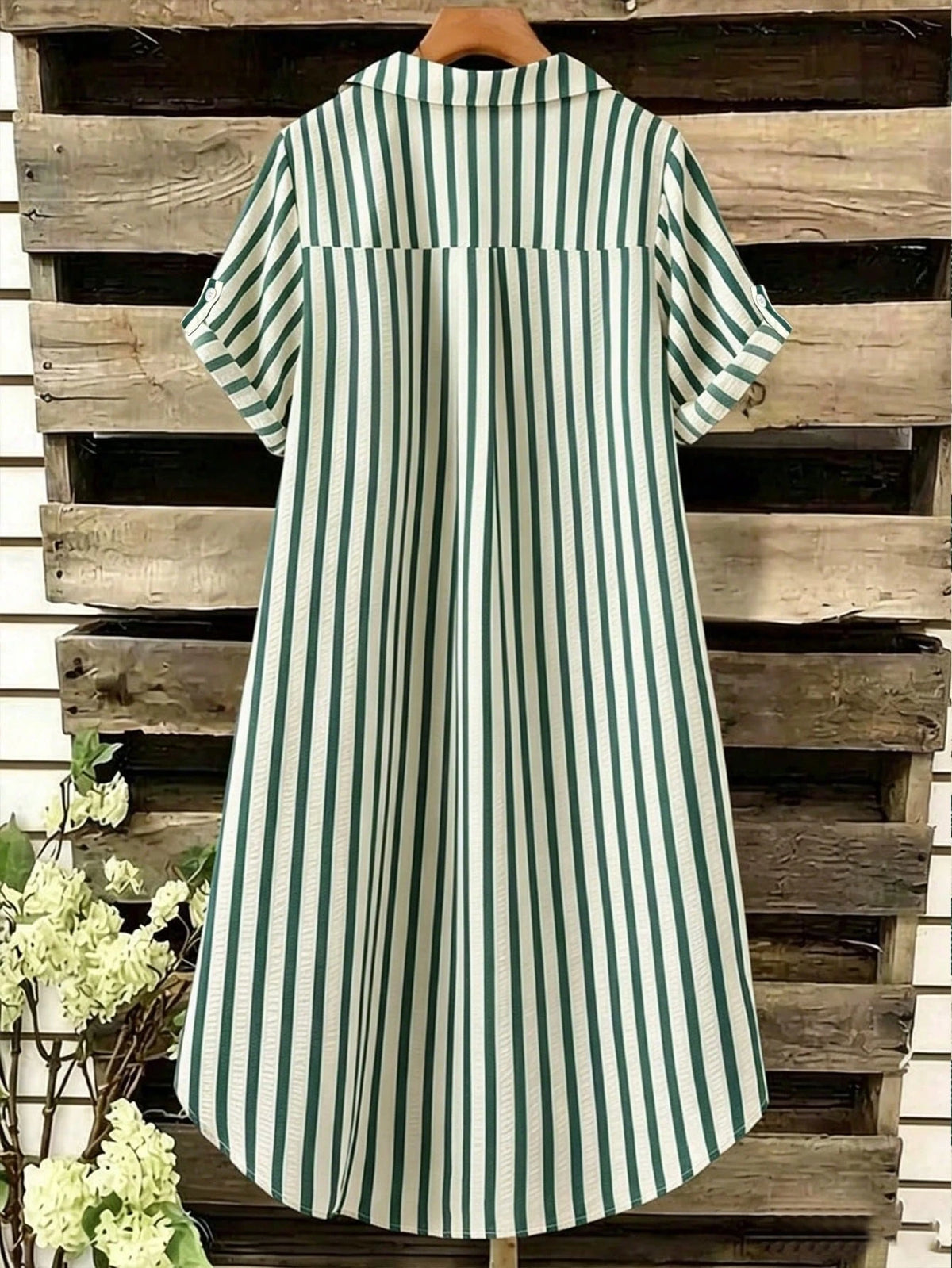 EMERY ROSE New V-Neck Striped Loose Casual Long Button-Down Women's Dress