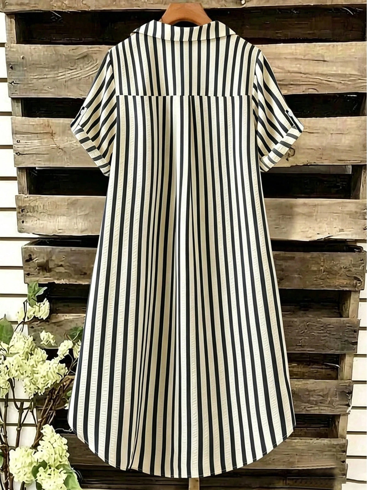 EMERY ROSE New V-Neck Striped Loose Casual Long Button-Down Women's Dress