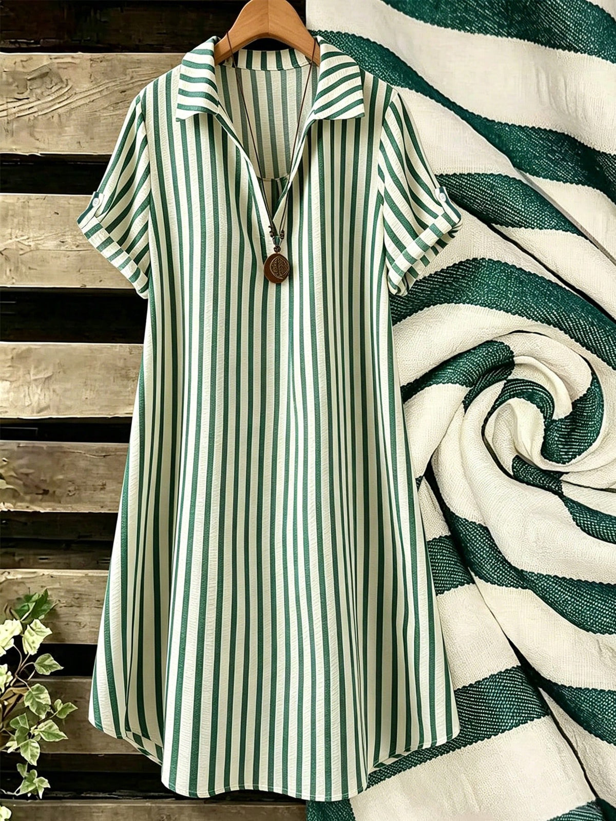 EMERY ROSE New V-Neck Striped Loose Casual Long Button-Down Women's Dress