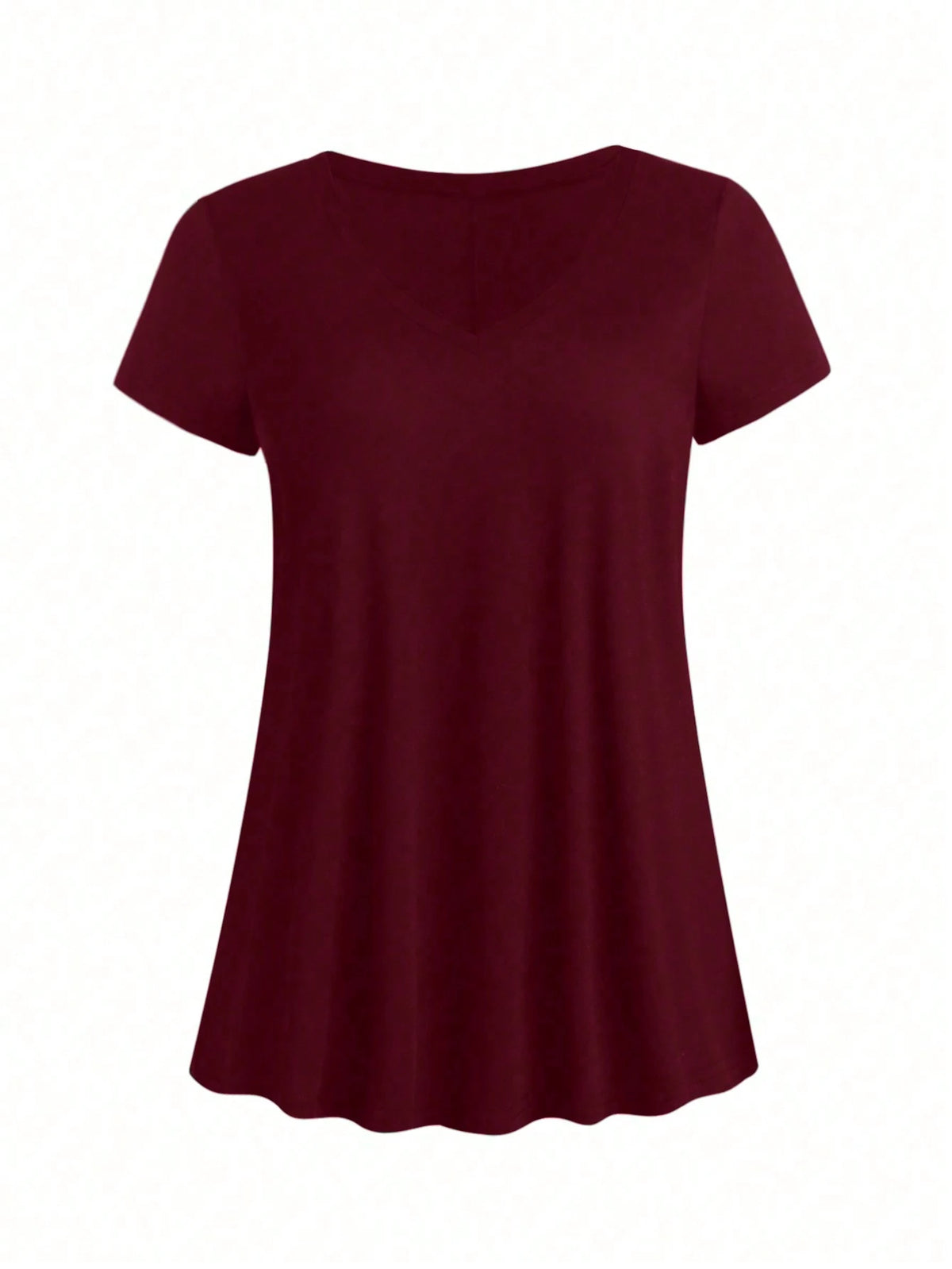 EMERY ROSE Plus Size Summer Casual Solid Color V-Neck Short Sleeve T-Shirt With Curved Hem