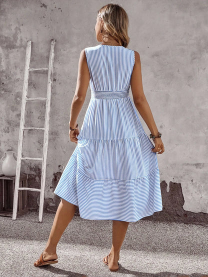 EMERY ROSE Women's Blue And White Stripe Summer Boho Tropical Holiday Vacation Midi Dress, Sleeveless Shirred Waist Ruffle Hem Casual Sundress Elegant Graduation