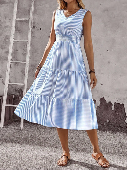 EMERY ROSE Women's Blue And White Stripe Summer Boho Tropical Holiday Vacation Midi Dress, Sleeveless Shirred Waist Ruffle Hem Casual Sundress Elegant Graduation