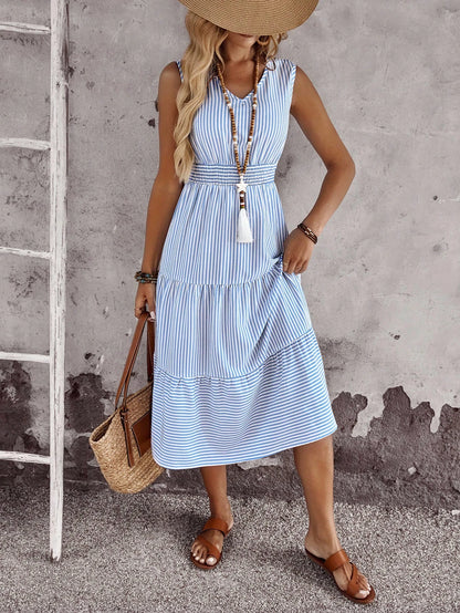 EMERY ROSE Women's Blue And White Stripe Summer Boho Tropical Holiday Vacation Midi Dress, Sleeveless Shirred Waist Ruffle Hem Casual Sundress Elegant Graduation
