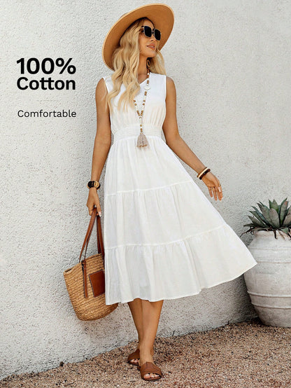 EMERY ROSE Women's Blue And White Stripe Summer Boho Tropical Holiday Vacation Midi Dress, Sleeveless Shirred Waist Ruffle Hem Casual Sundress Elegant Graduation
