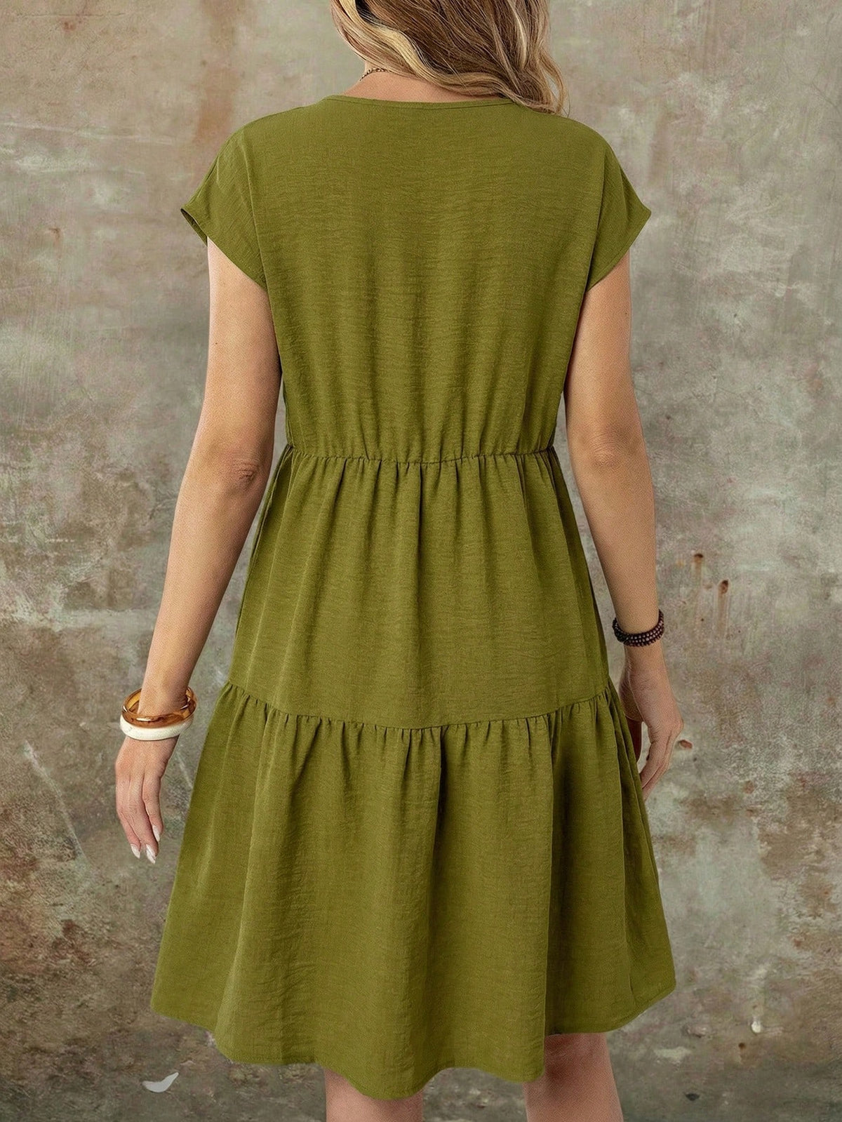EMERY ROSE Women's Casual Boho Linen-Like Olive Green Short Sleeve Round Neck Mid-Length Dress, Spring/Summer Spring,Casual Vacation
