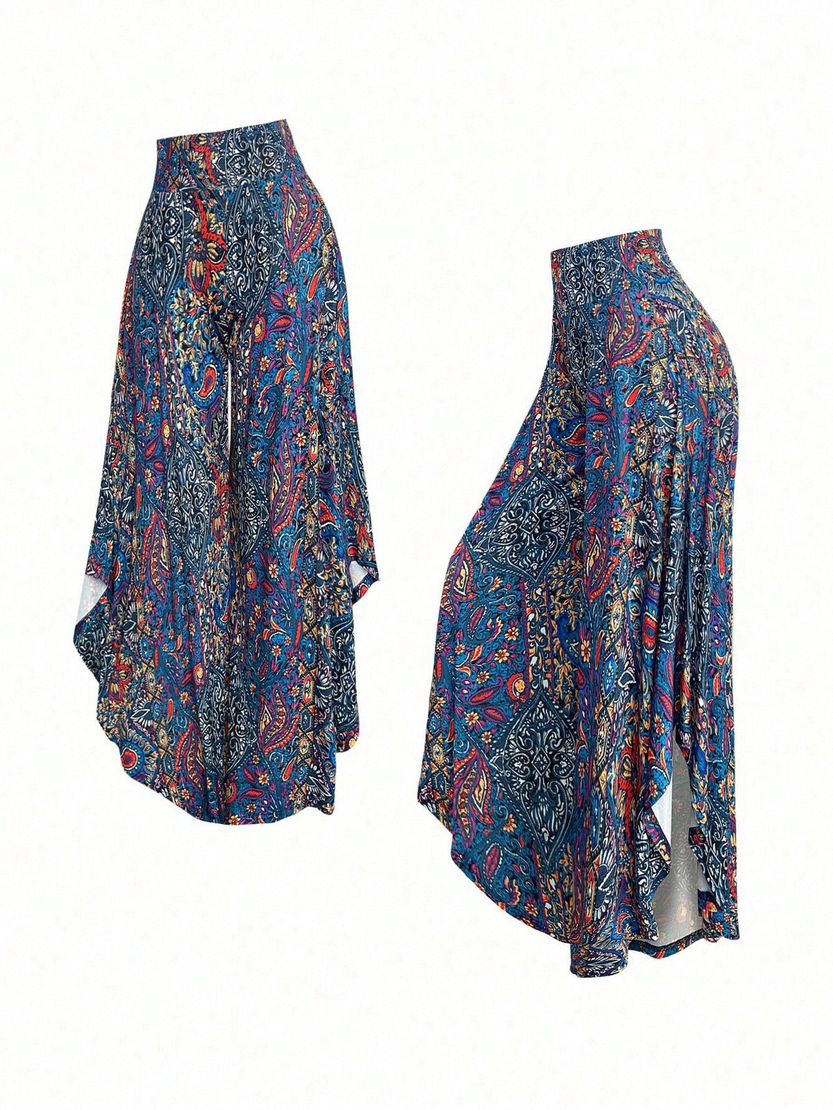EMERY ROSE Women's Casual Paisley Print Asymmetric Hem Wide Leg Pants, For Resort Wear Fall Cloth For Women