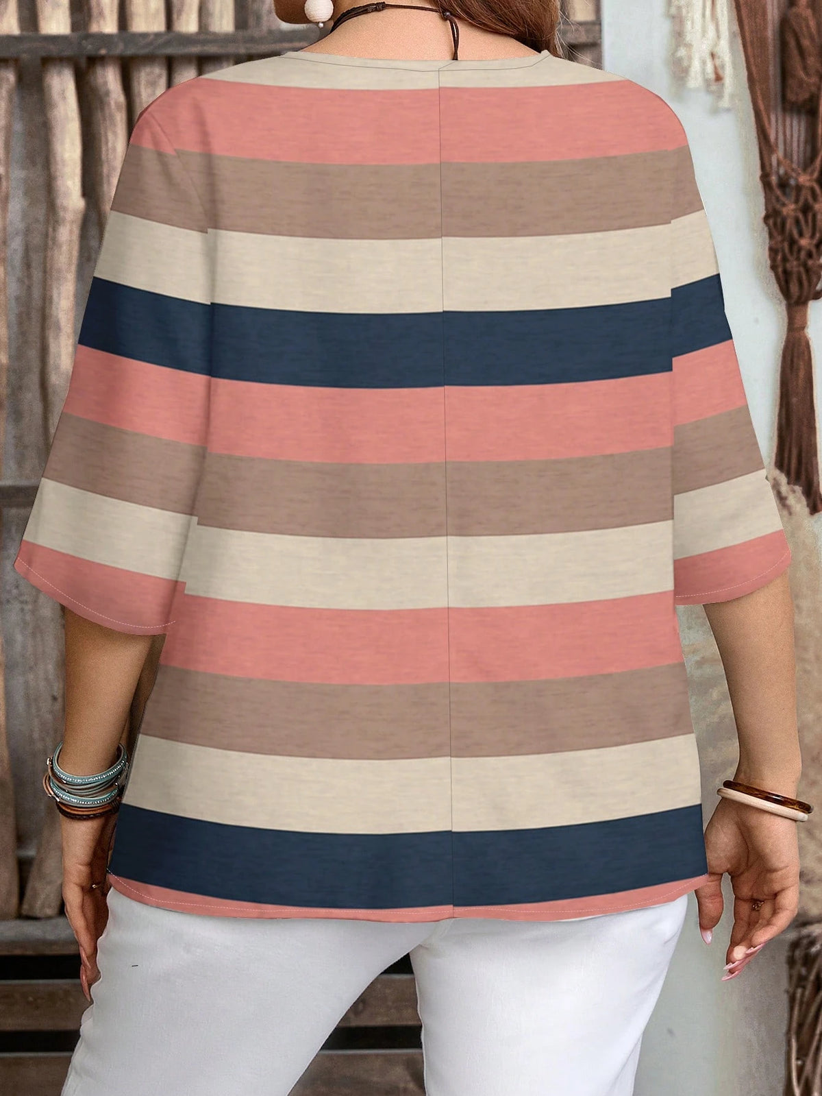 EMERY ROSE Women's Casual Striped Print 3/4 Sleeve Notched Neck Blouse