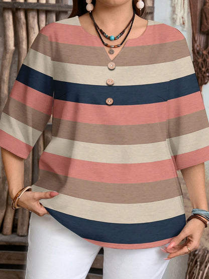 EMERY ROSE Women's Casual Striped Print 3/4 Sleeve Notched Neck Blouse