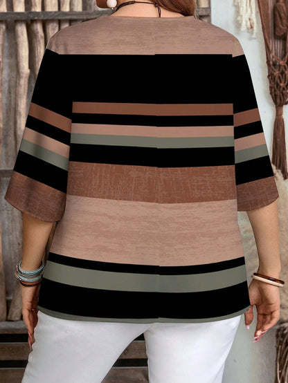 EMERY ROSE Women's Casual Striped Print 3/4 Sleeve Notched Neck Blouse