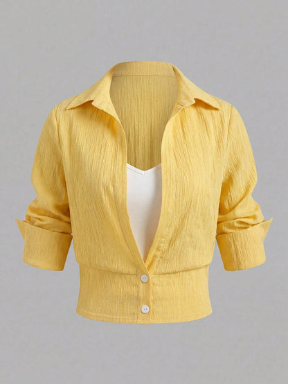 EMERY ROSE Women's Colorblock Dropped Shoulder Long Sleeve Button-Down Casual French Shirt Vacation Yellow Autumn