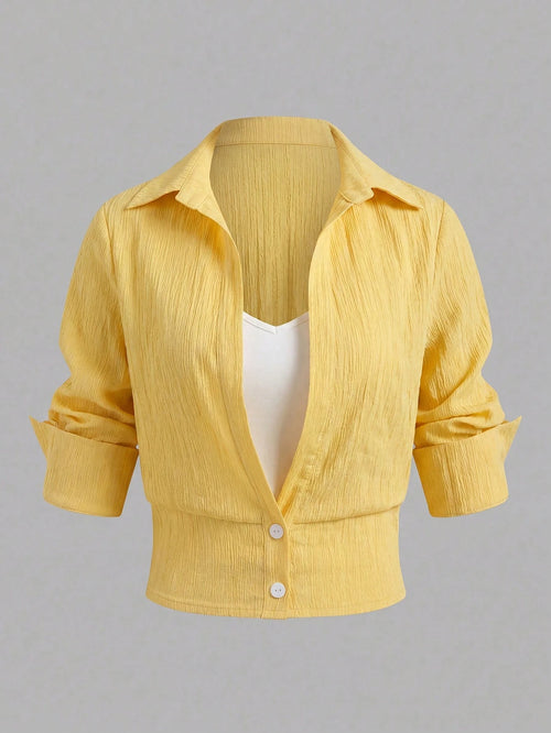 EMERY ROSE Women's Colorblock Dropped Shoulder Long Sleeve Button-Down Casual French Shirt Vacation Yellow Autumn