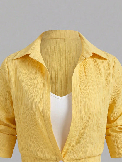 EMERY ROSE Women's Colorblock Dropped Shoulder Long Sleeve Button-Down Casual French Shirt Vacation Yellow Autumn