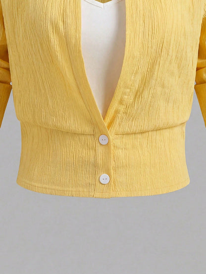 EMERY ROSE Women's Colorblock Dropped Shoulder Long Sleeve Button-Down Casual French Shirt Vacation Yellow Autumn