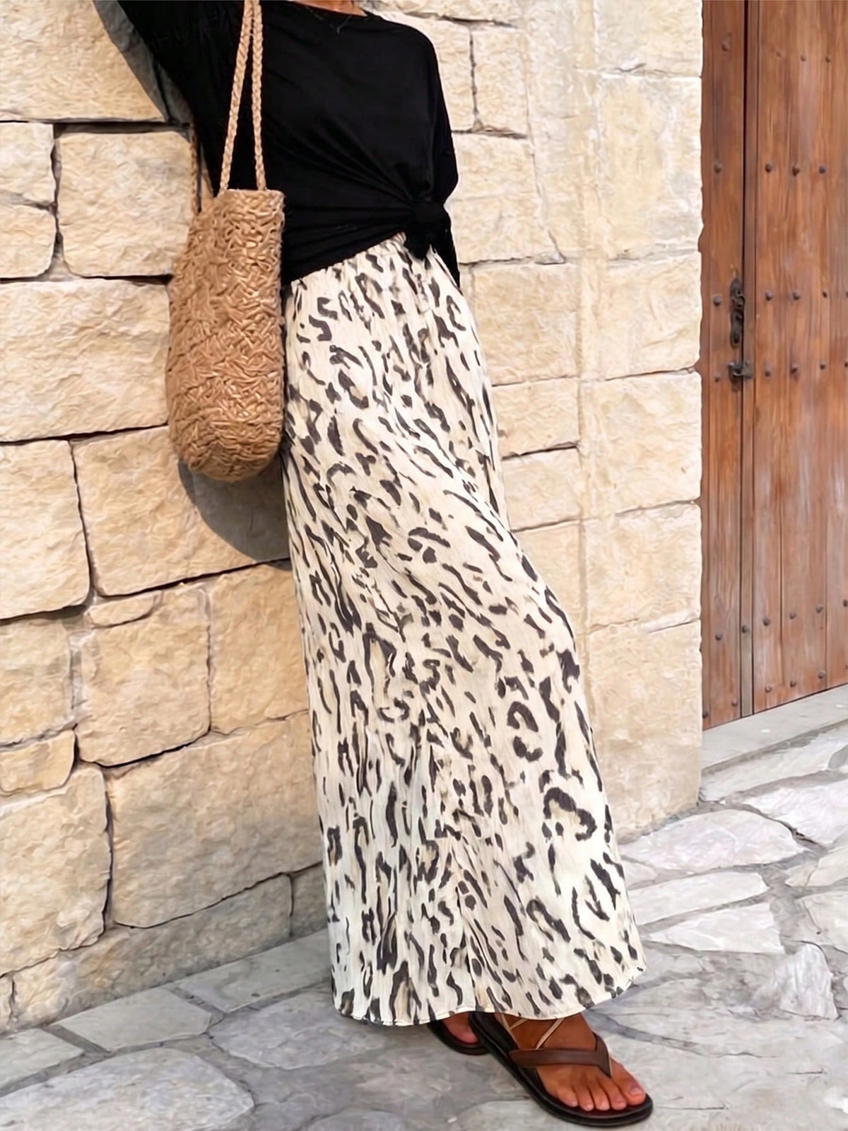 EMERY ROSE Women's Leopard Print Side Slit Hem Long Casual Skirt