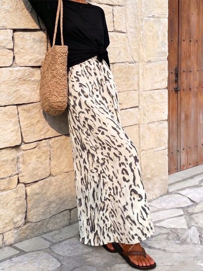 EMERY ROSE Women's Leopard Print Side Slit Hem Long Casual Skirt